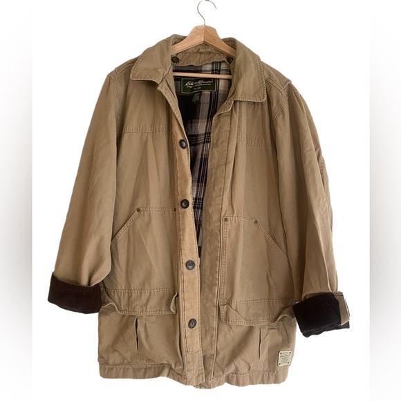 Vintage EDDIE BAUER CANVAS Barn Coat JACKET Fieldcoat LARGE Khaki Flannel - Picture 1 of 7